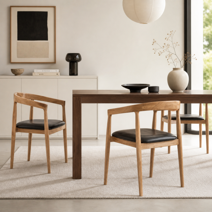 Lot de 2 fauteuils de repas en teck et cuir noir PALMARIA