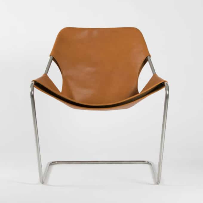 Fauteuil en acier inoxydable poli et cuir pleine fleur PAULISTANO