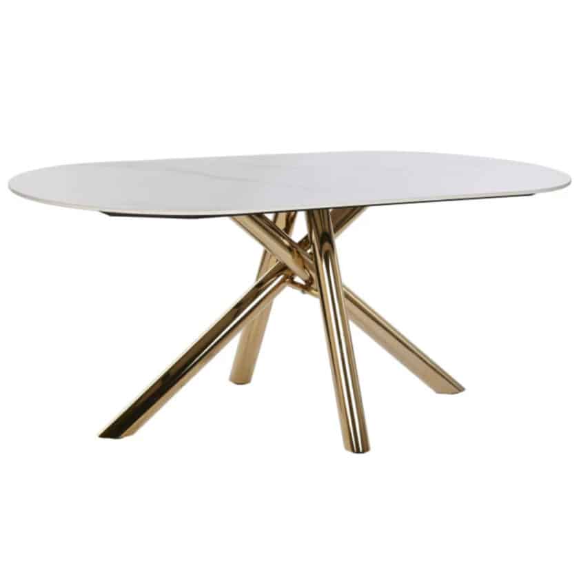 Table de repas ovale 180x90 métal doré et céramique marbre blanc MIAMI