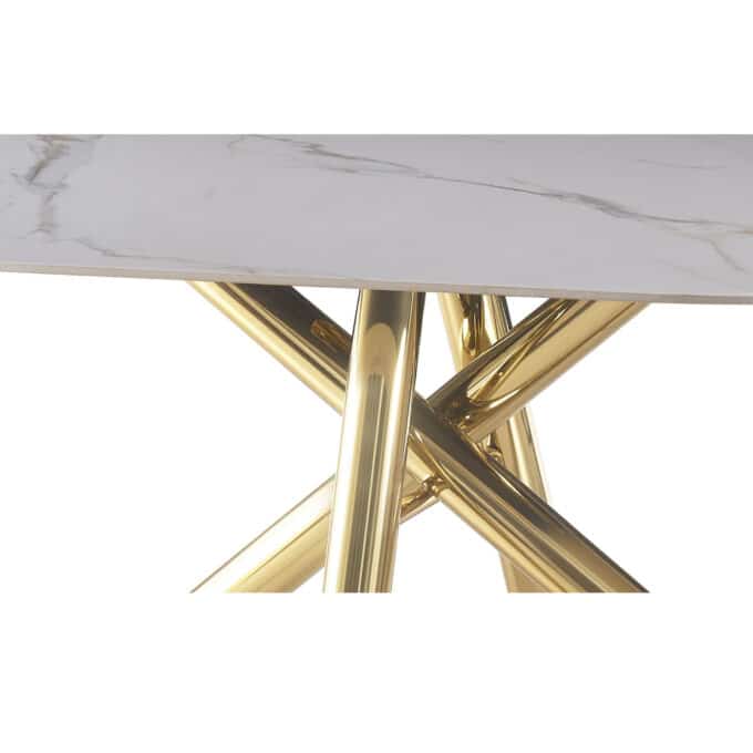 Table de repas ovale 180x90 métal doré et céramique marbre blanc MIAMI