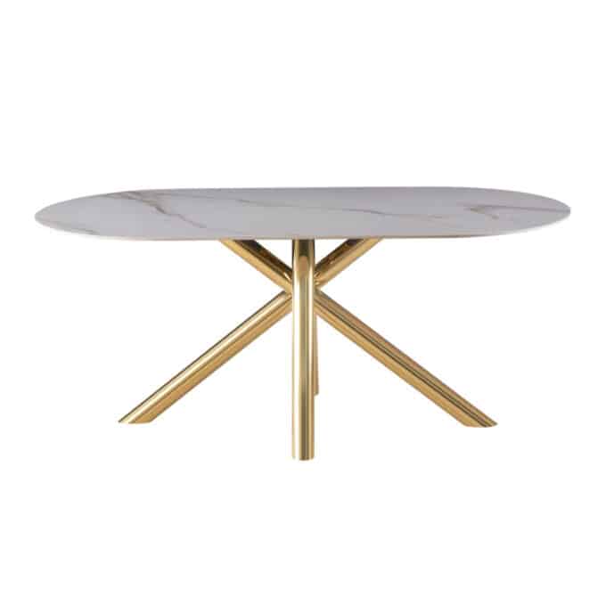 Table de repas ovale 180x90 métal doré et céramique marbre blanc MIAMI