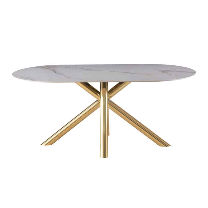 Table de repas ovale 180x90 métal doré et céramique marbre blanc MIAMI – Image 4