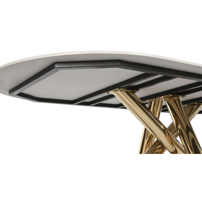 Table de repas ovale 180x90 métal doré et céramique marbre blanc MIAMI
