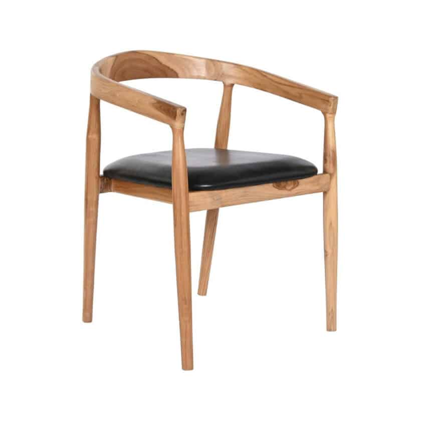 Fauteuil de repas en teck et cuir noir PALMARIA