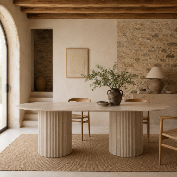 Table de repas ovale 220x100 effet travertin SOFIA