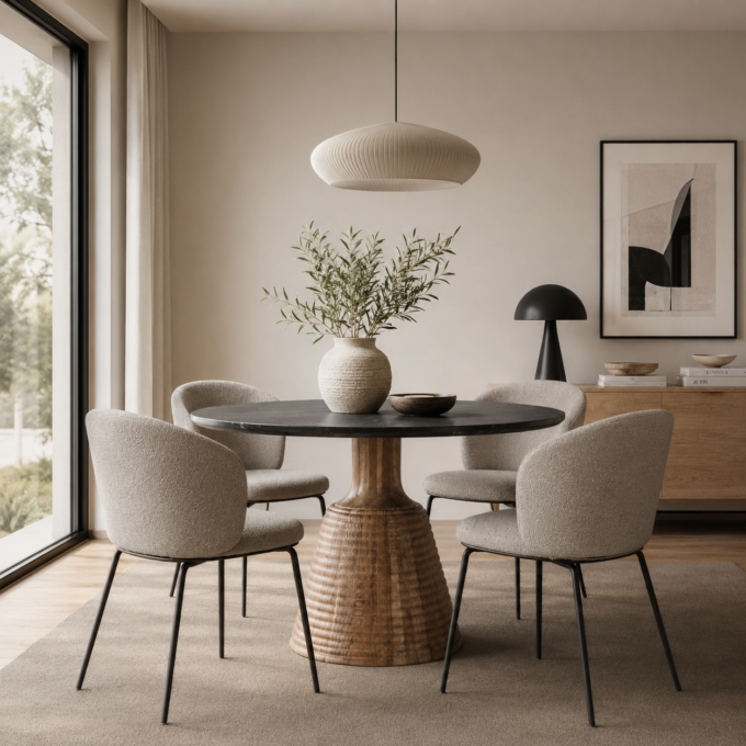 Table de repas ronde en acacia et marbre noir PORTOFINO diamètre 115