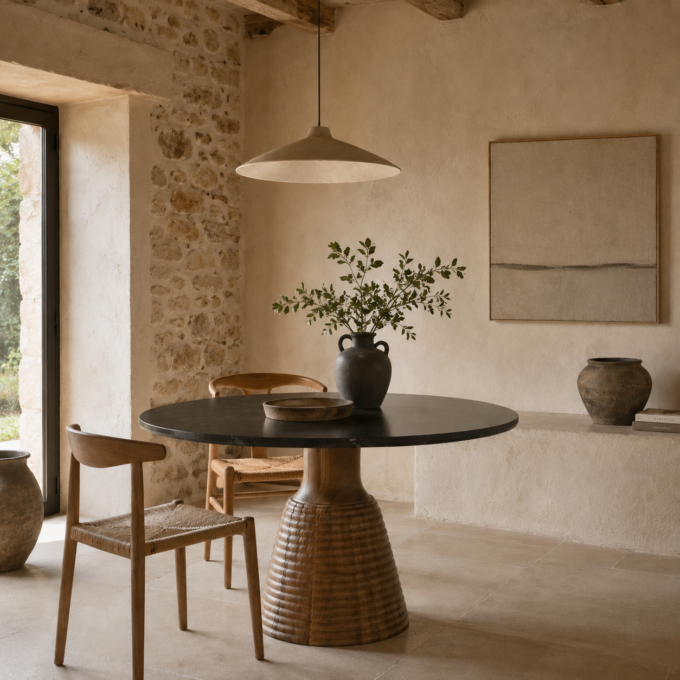 Table de repas ronde en acacia et marbre noir PORTOFINO diamètre 115
