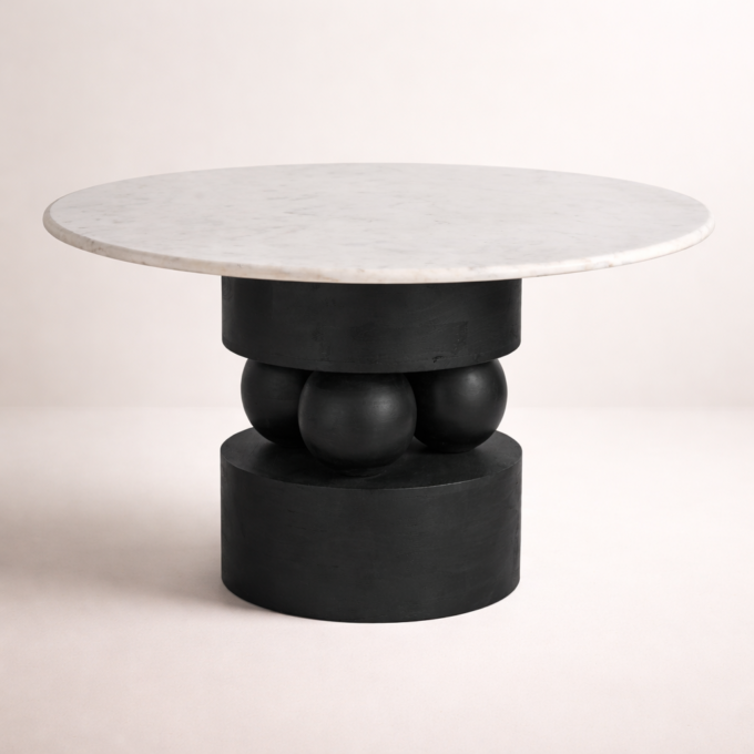 Table de repas ronde en manguier noir et plateau marbre blanc SOHO diamètre 120 cm