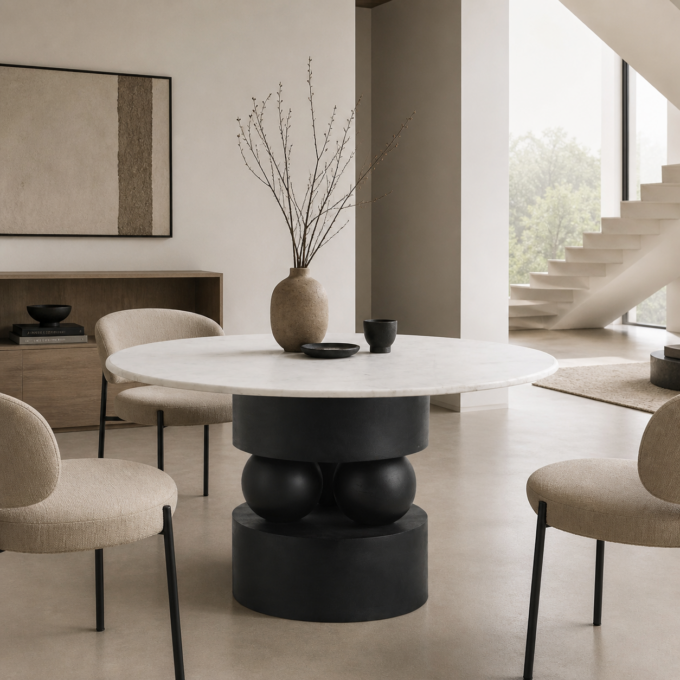 Table de repas ronde en manguier noir et plateau marbre blanc SOHO diamètre 120 cm