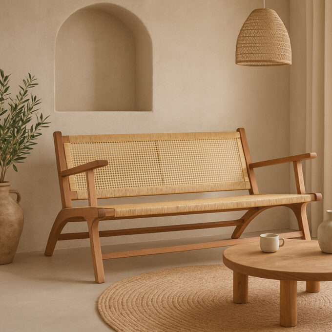 Banc artisanal en teck massif et rotin SIRMIONE