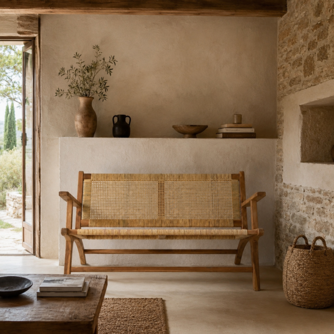 Banc artisanal en teck massif et rotin SIRMIONE