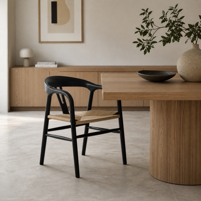 Lot de 2 chaises en orme massif teinté noir et fibre tressée OSAKA