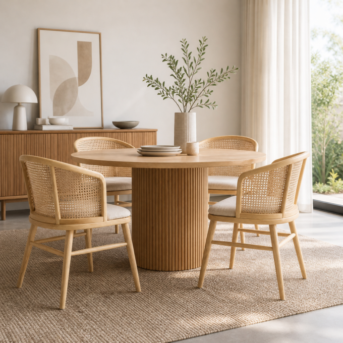 Set de 2 chaises en orme massif naturel, rotin et tissu beige CADAQUES