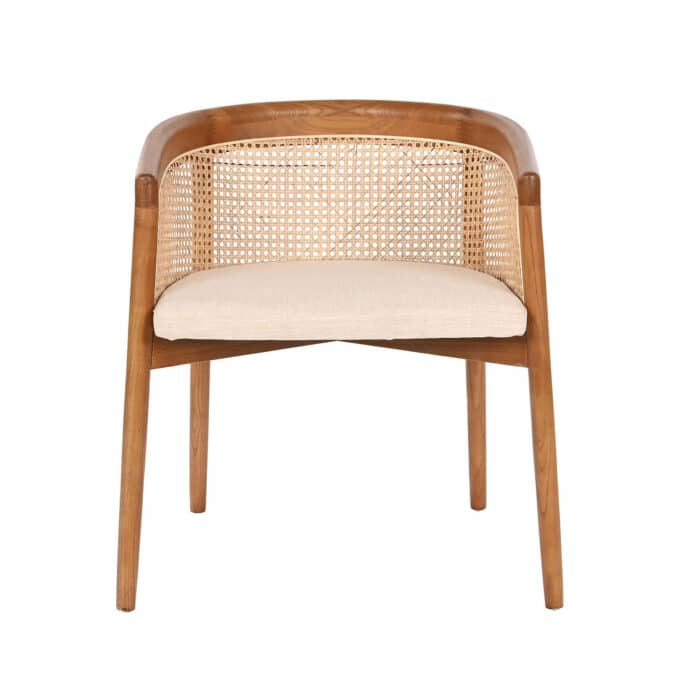 Chaise en orme massif teinté miel rotin clair et assise en tissu beige ALCUDIA