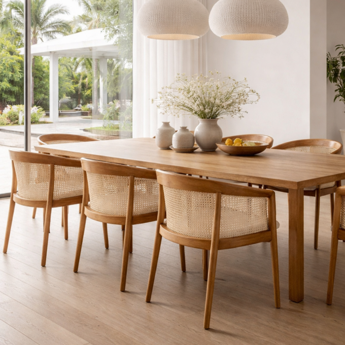 Lot de 2 chaises en orme massif teinté miel rotin clair et assise en tissu beige ALCUDIA