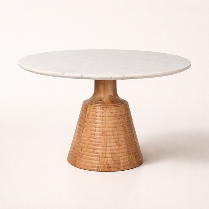 Table de repas ronde en acacia et marbre blanc LERICI diamètre 115