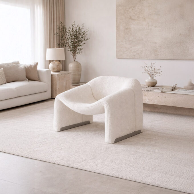 Fauteuil contemporain en bouclette blanche et métal BRICKELL