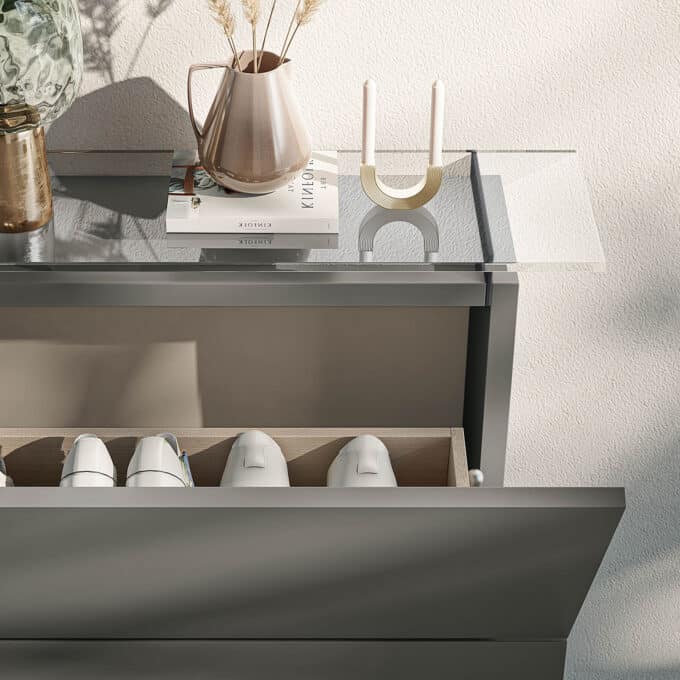 Meuble porte chaussures suspendu ou sur pieds avec plateau verre HOSOI par Birex