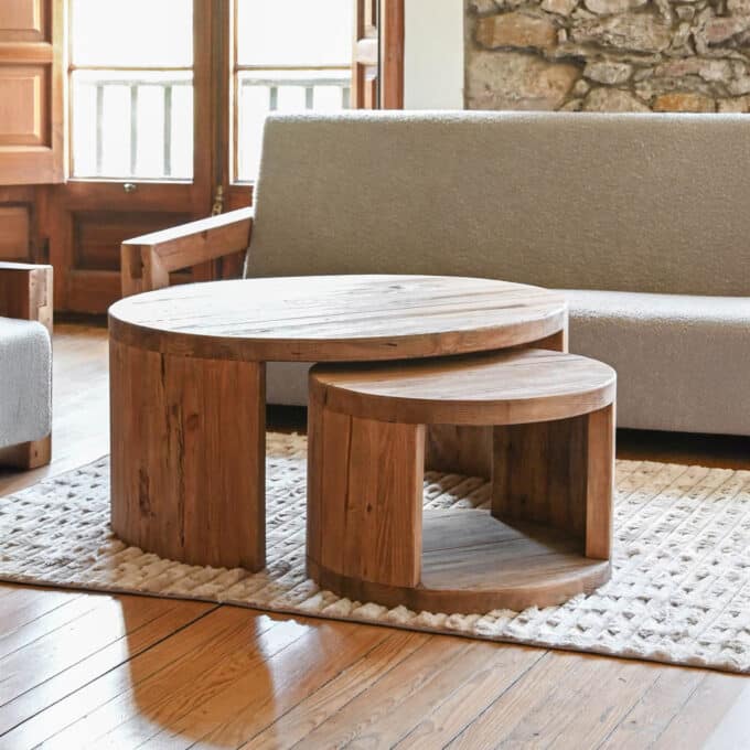Tables basses gigognes rondes en pin recyclé 99 et 60 cm CAP FERRET