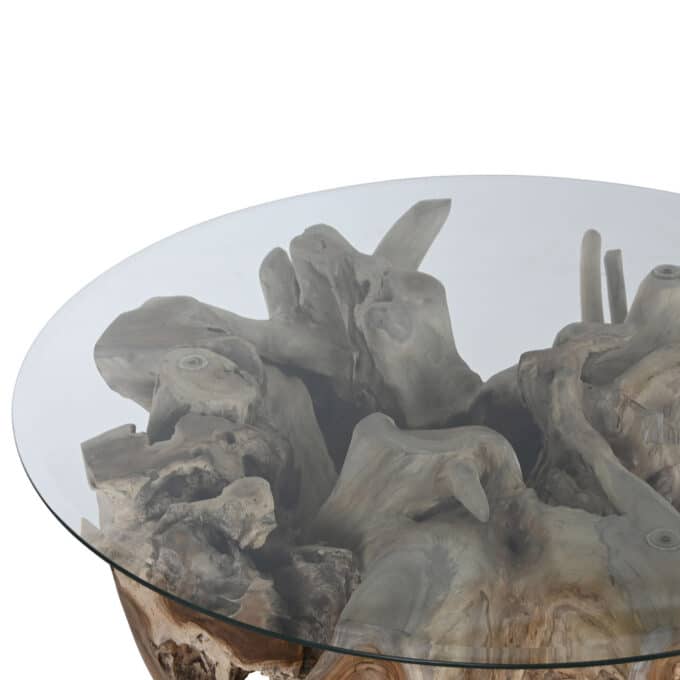 Table basse ronde en souche de teck brut et verre transparent VAL DI VARA 100 cm