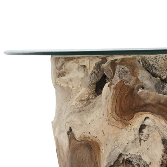 Table basse ronde en souche de teck brut et verre transparent VAL DI VARA 100 cm