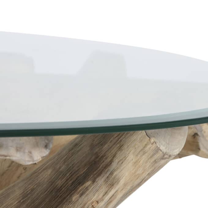 Table basse ronde en souche de teck brut et verre transparent VAL DI VARA 100 cm