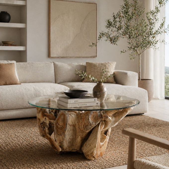 Table basse ronde en souche de teck brut et verre transparent VAL DI VARA 100 cm