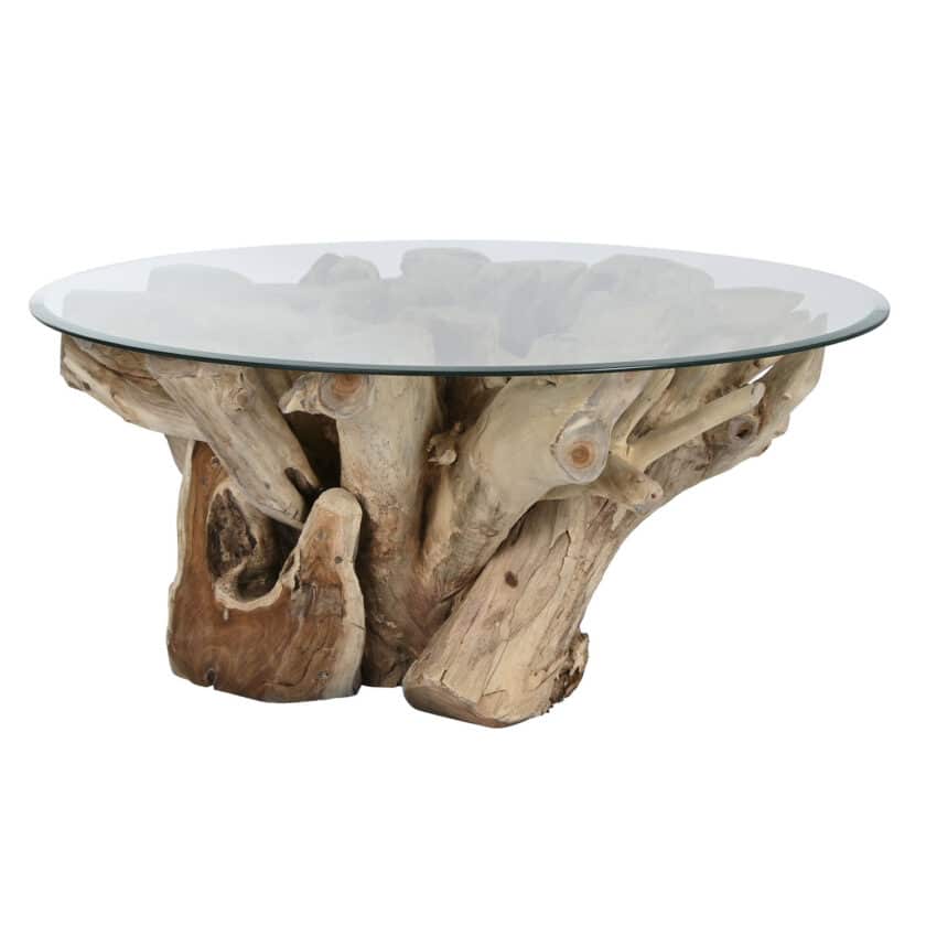 Table basse ronde en souche de teck brut et verre transparent VAL DI VARA 100 cm