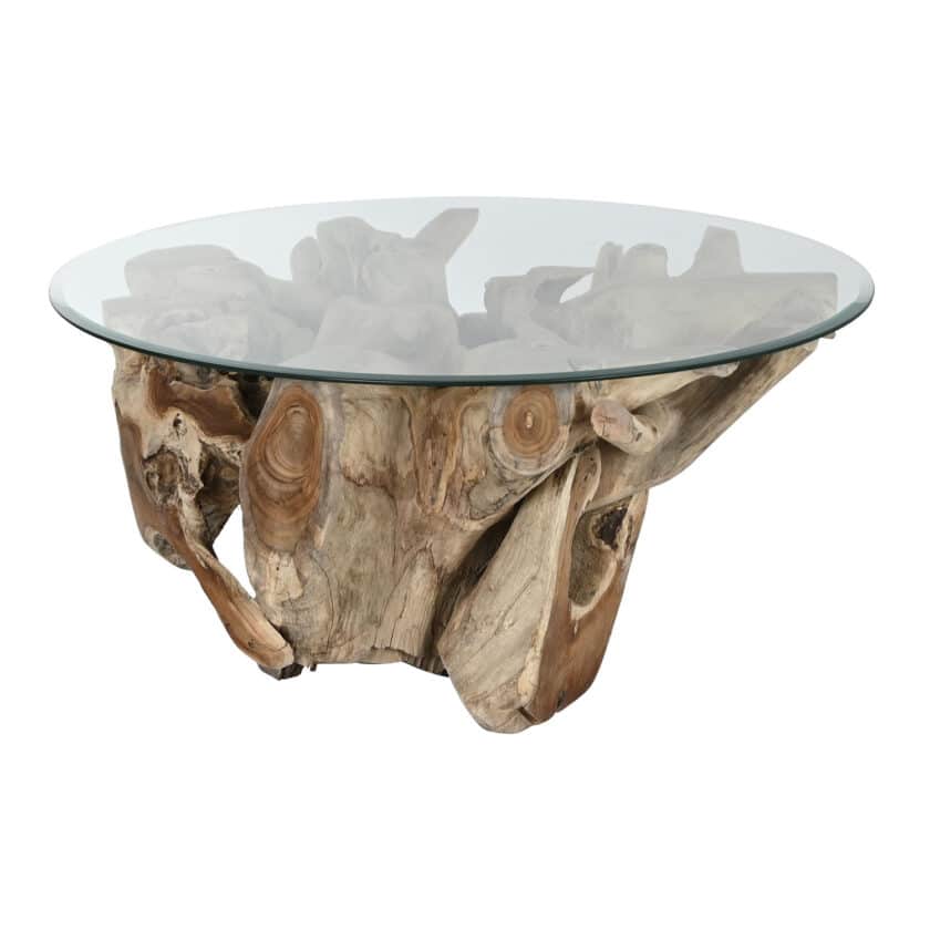 Table basse ronde en souche de teck brut et verre transparent VAL DI VARA 100 cm – Image 6