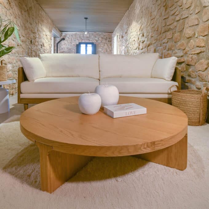 Table basse ronde placage chêne naturel CYCYLADES 121 cm