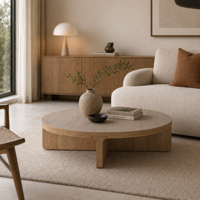 Table basse ronde placage chêne naturel CYCYLADES 121 cm