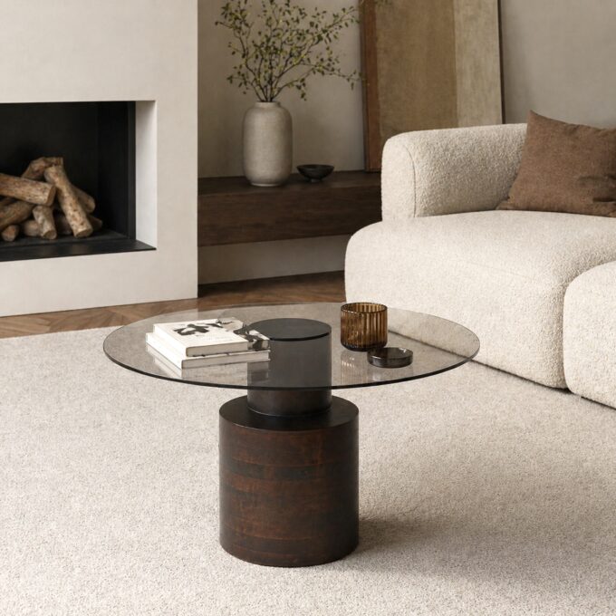 Table basse ronde STUDIO en verre fumé et bois de manguier 80 cm