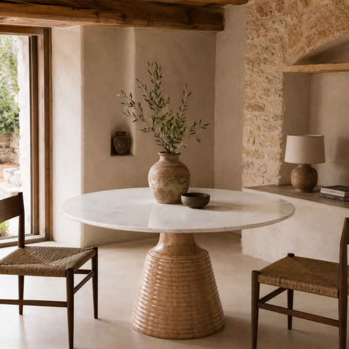 Table de repas ronde en acacia et marbre blanc LERICI diamètre 115