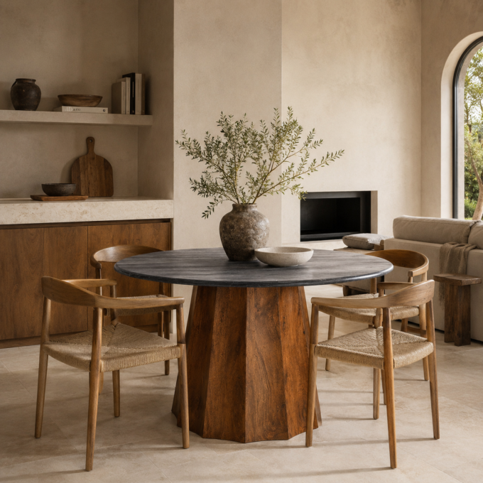 Table de repas ronde en manguier foncé et marbre noir TRIBECA diamètre 120