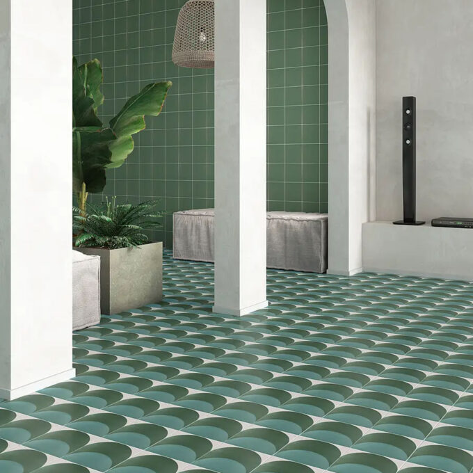 Carrelage effet carreau ciment à motifs géométriques verts et blancs – Habana décor N6 – 20x20 cm