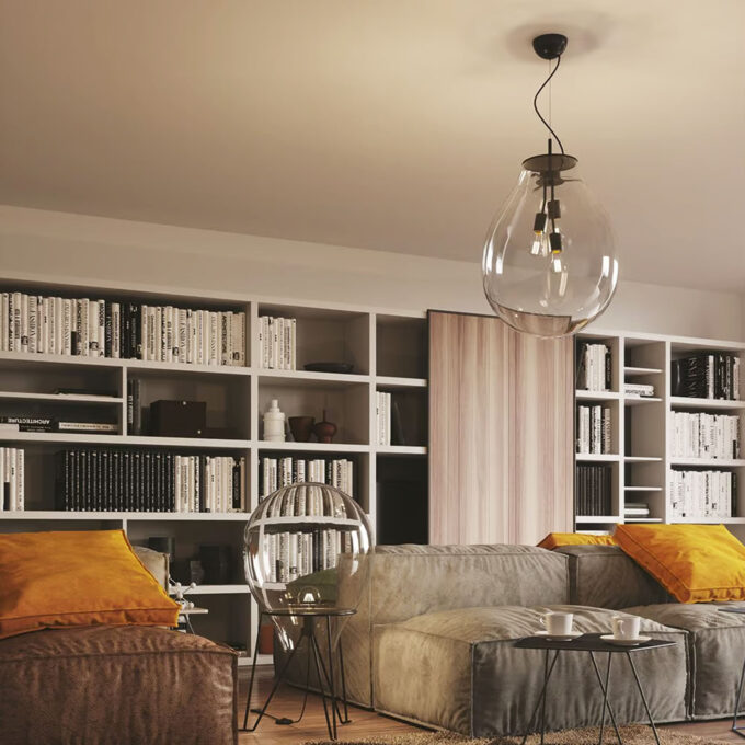 Suspension FELS3 – Design en verre soufflé transparent – Disponible en deux dimensions – 3x E27