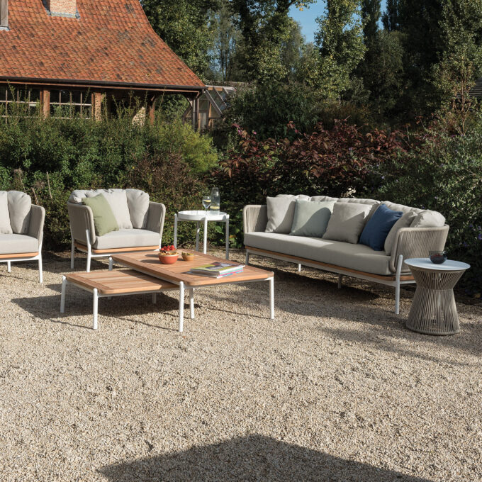 Canapé extérieur Omer 3 places aluminium blanc et corde Minéral – Diphano