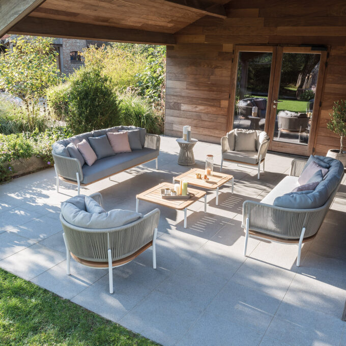 Canapé extérieur Omer 3 places aluminium blanc et corde Minéral – Diphano