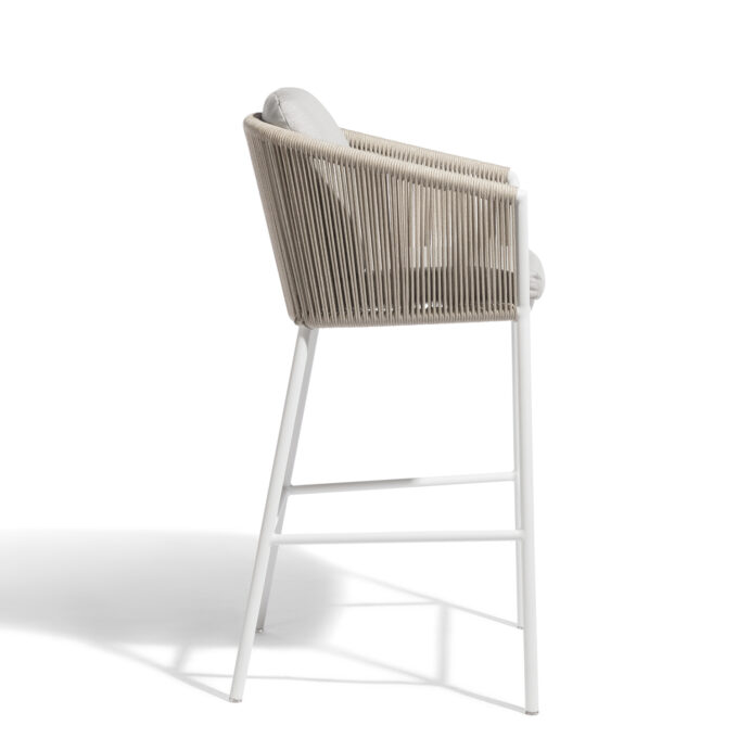 Tabouret de bar extérieur Omer – Aluminium blanc & corde minéral – Diphano