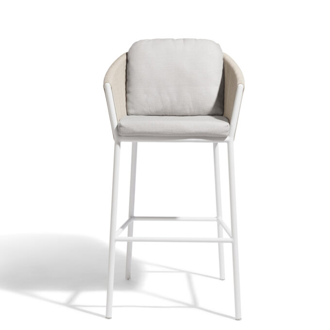 Tabouret de bar extérieur Omer – Aluminium blanc & corde minéral – Diphano