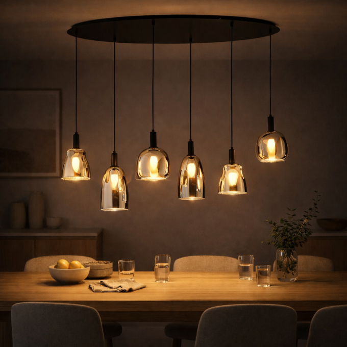 Suspension design à 6 pièces en verre chromé & structure noire LIQUIDA