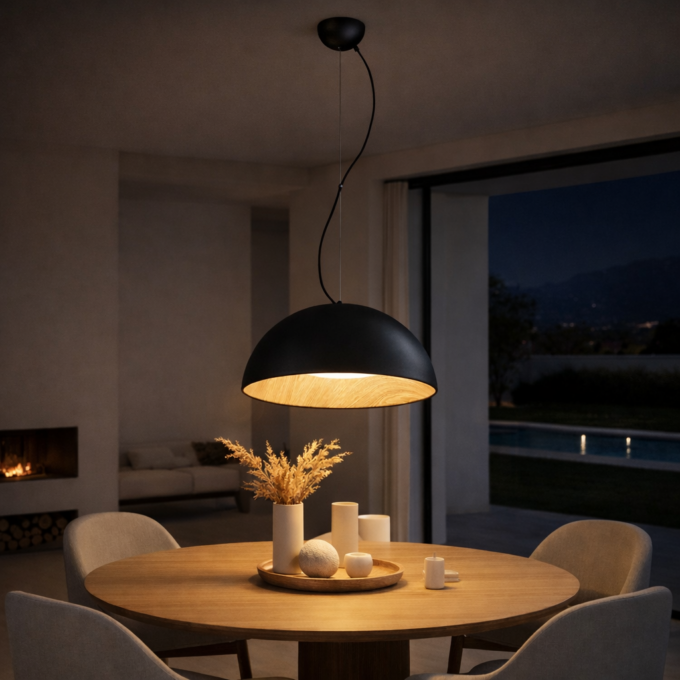 Suspension design dôme noir effet bois et LED intégrée ROBUR Nero