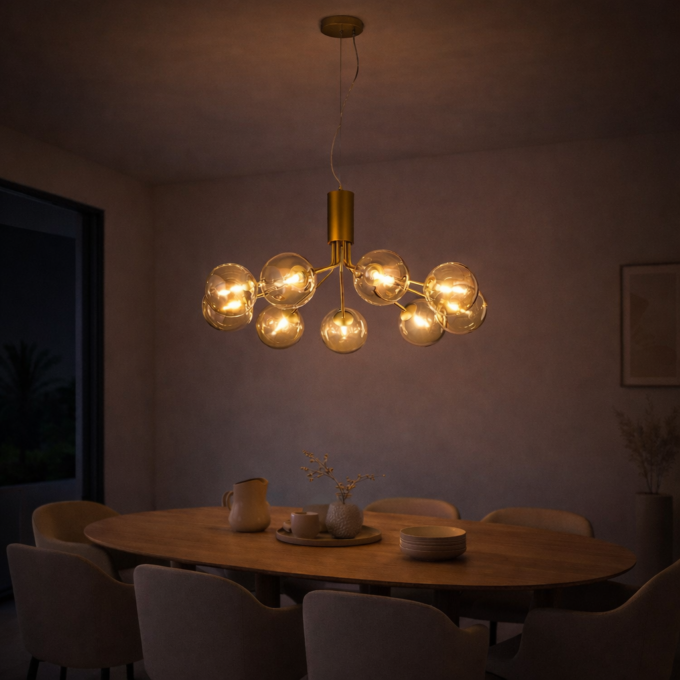 Suspension design en métal doré & globes en verre champagne NOVARA