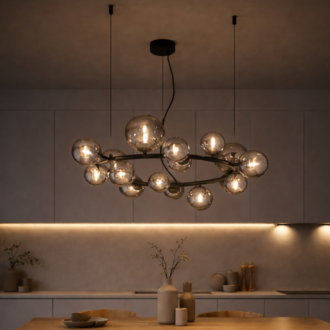 Suspension design en métal noir & globes en verre fumé GALAXIE