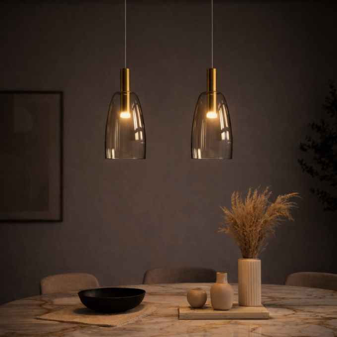 Suspension design en verre clair transparent & laiton mat TROCADERO