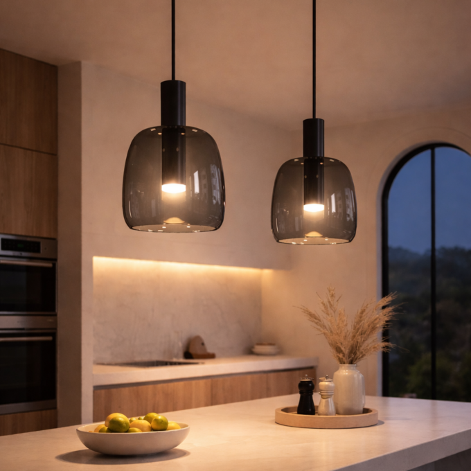 Suspension design en verre fumé & métal noir mat DOWNTOWN