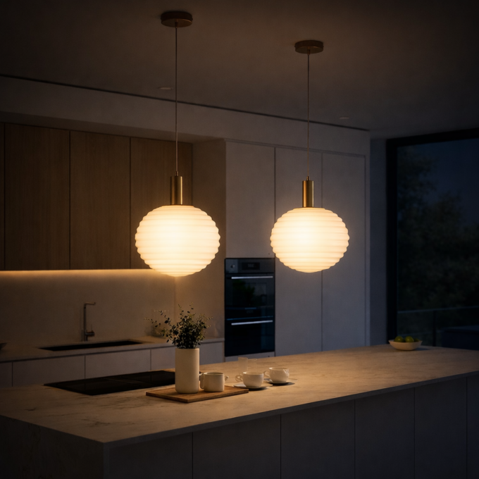 Suspension design en verre opalin strié et laiton satiné RIVOLI