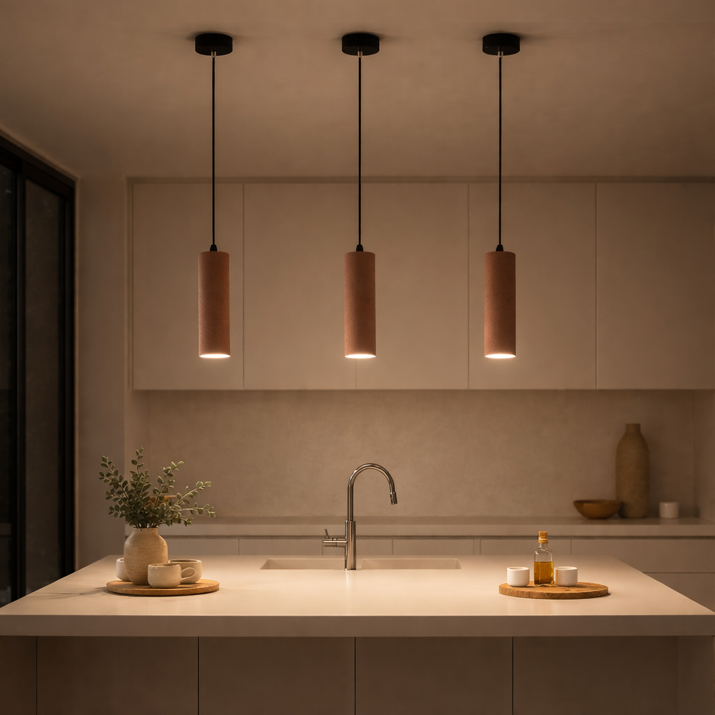 Suspension luminaire tubulaire en béton naturel, design brutaliste contemporain TERRA