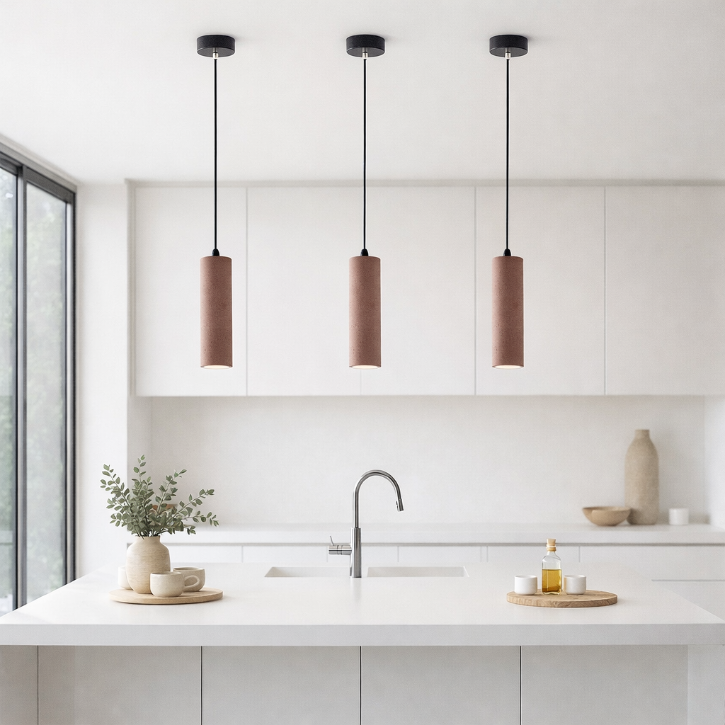 Suspension luminaire tubulaire en béton naturel, design brutaliste contemporain TERRA – Image 2