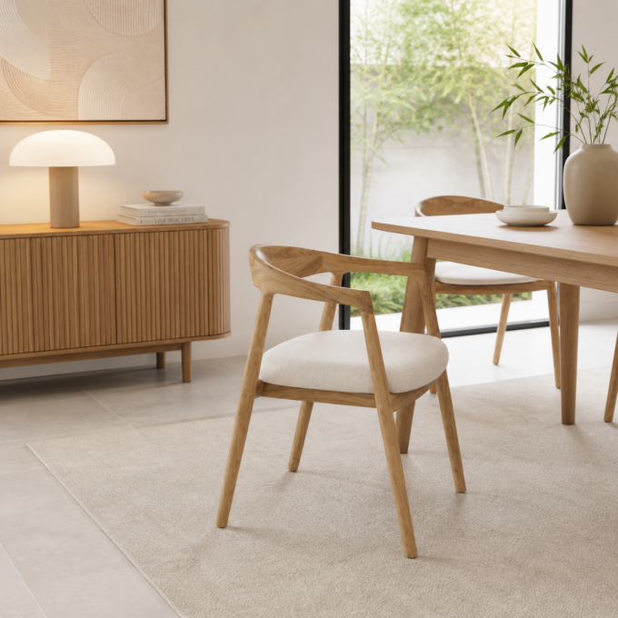 Lot de 2 chaises en teck massif et tissu bouclette blanche PALMA